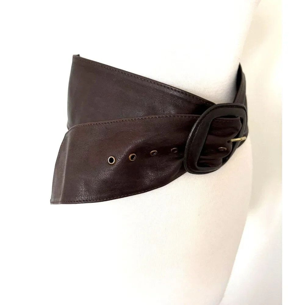 Max Mara Brown Leather Wide Waist Belt Brown Tone Buckle Made In Italy Luxury S